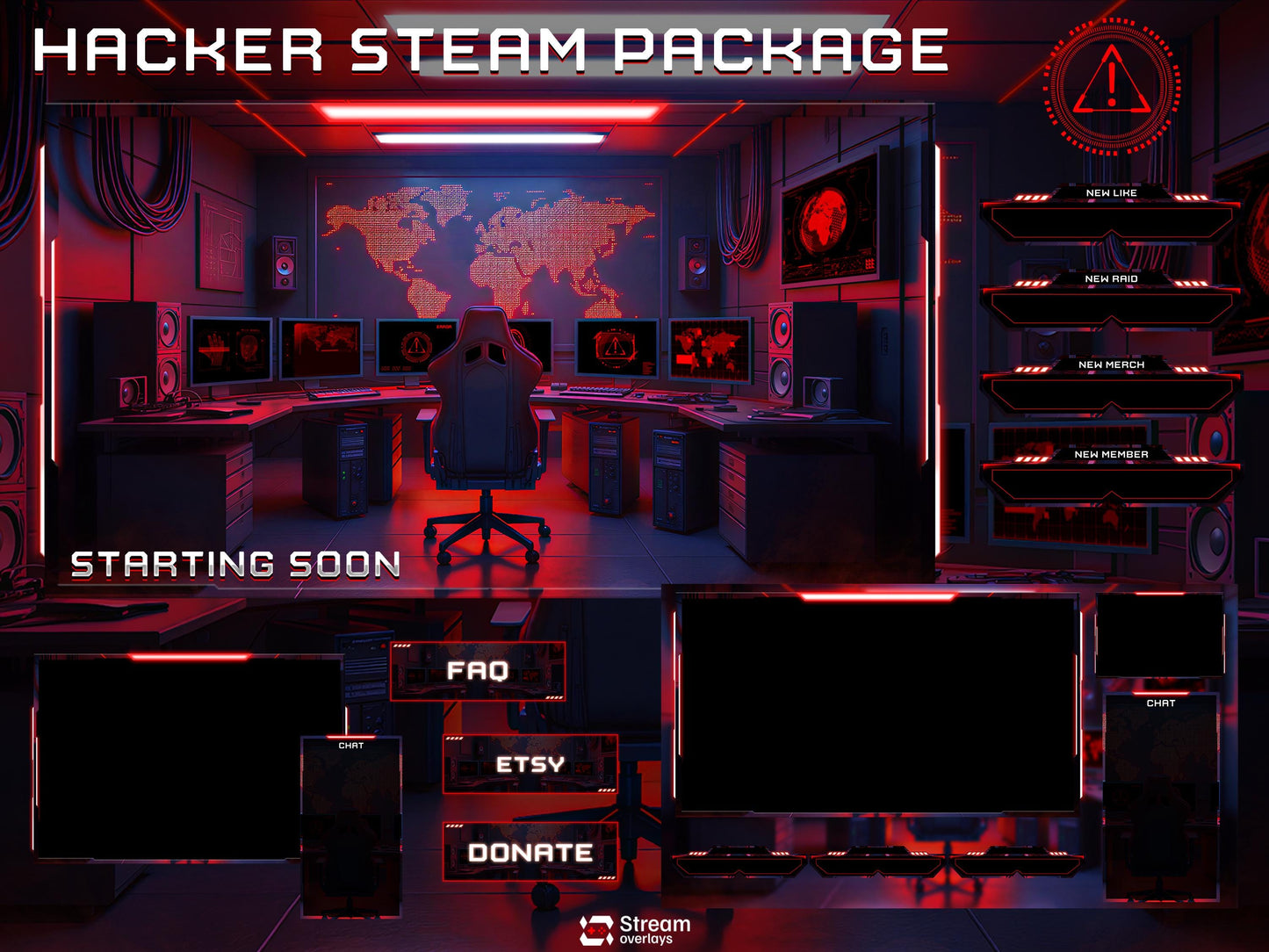 Hacker Room Twitch Overlay | Red Gaming Room | Secret Control Room Stream Overlays | Gamer Streams | Animated Streaming | Screens | Panels