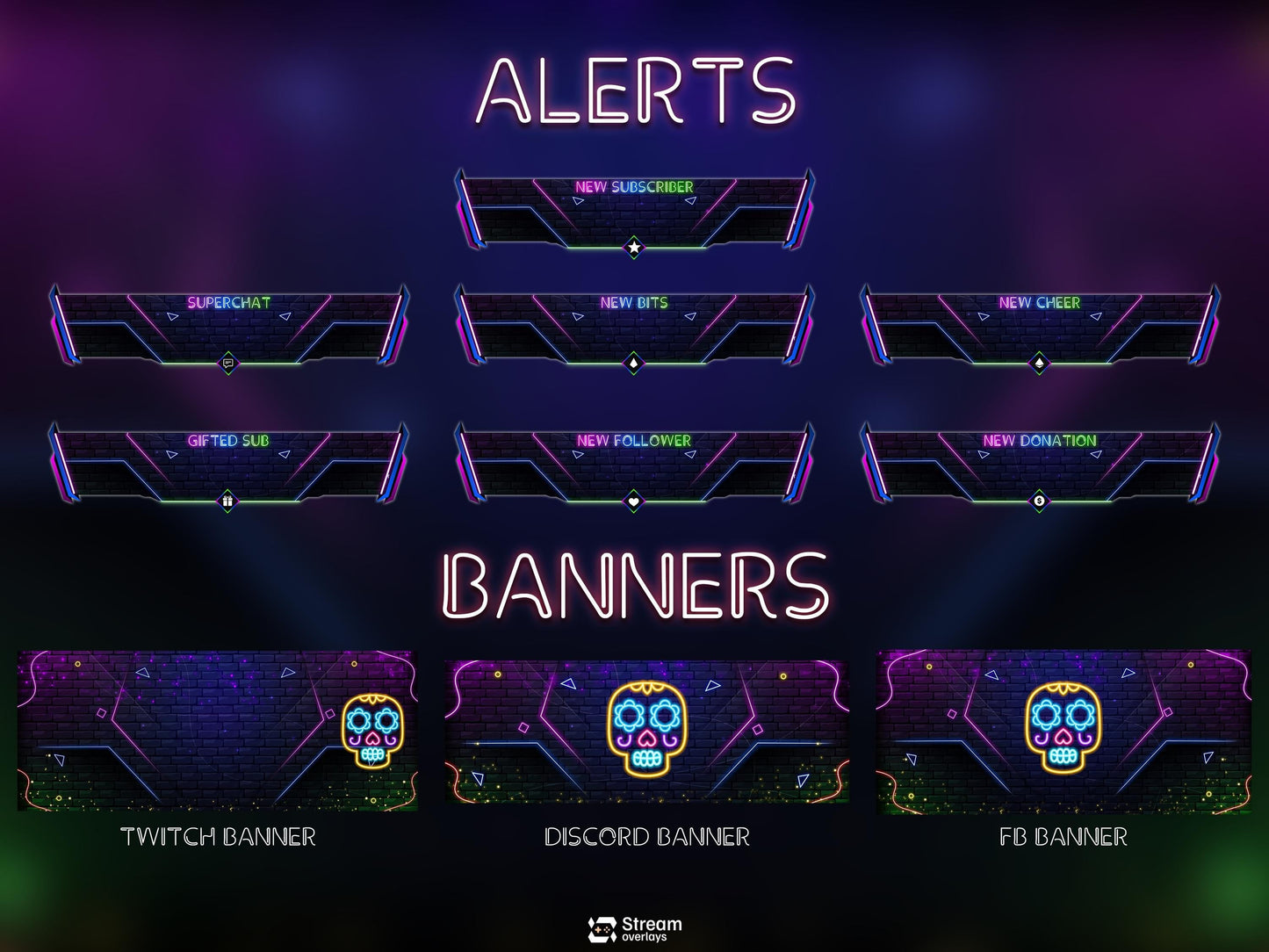 Neon Twitch Overlays | Skull Stream Overlay | Animated Screens | Glow Scenes | Animate Package | Panels | Alerts | Neon Alert | OBS Pack