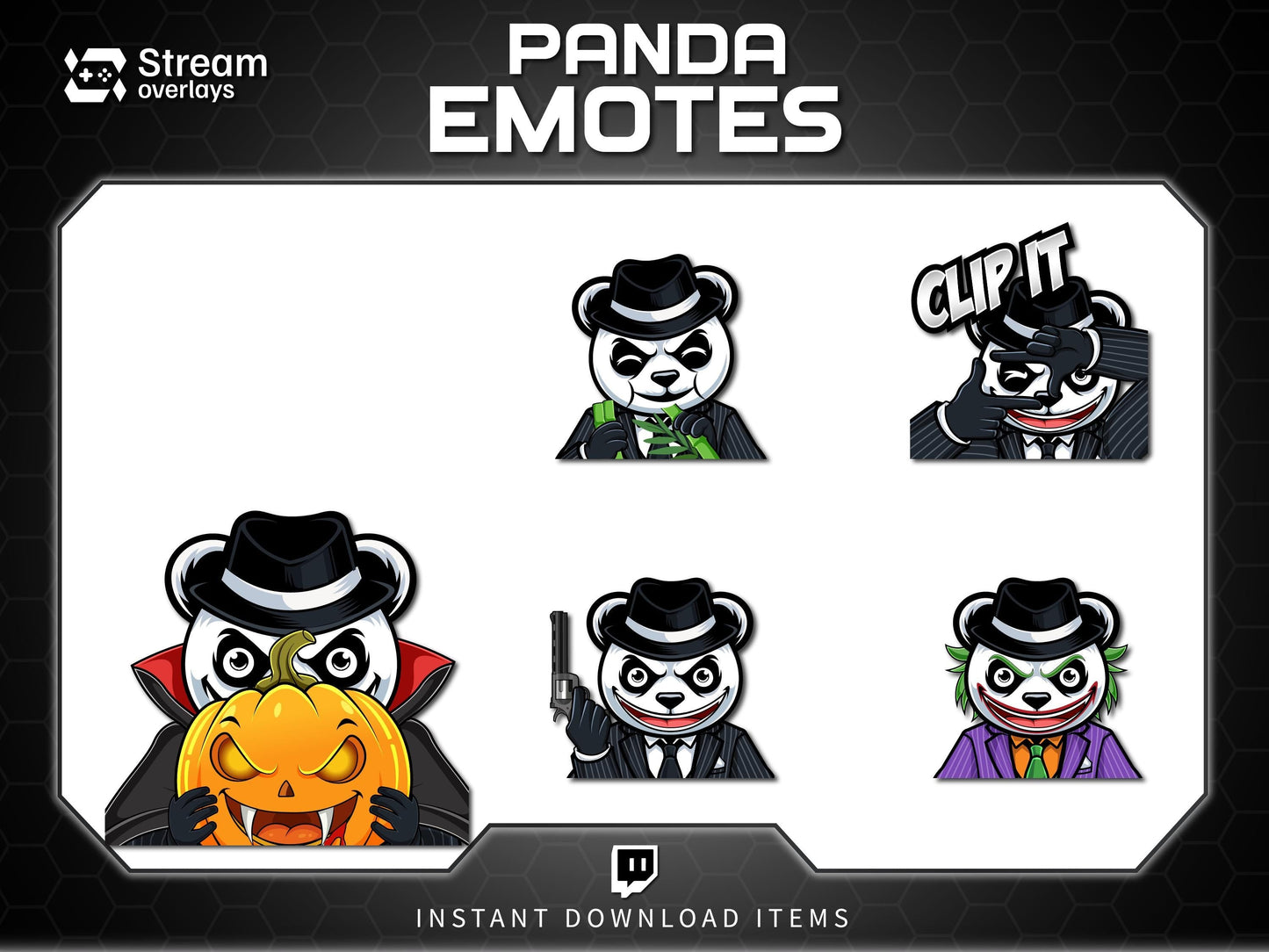Mafia Panda Twitch Emotes | 10 Gangster Panda Discord Emotes | Pinstripe Suit Stream Package, Chibi Panda Twitch Graphics | Instant Download