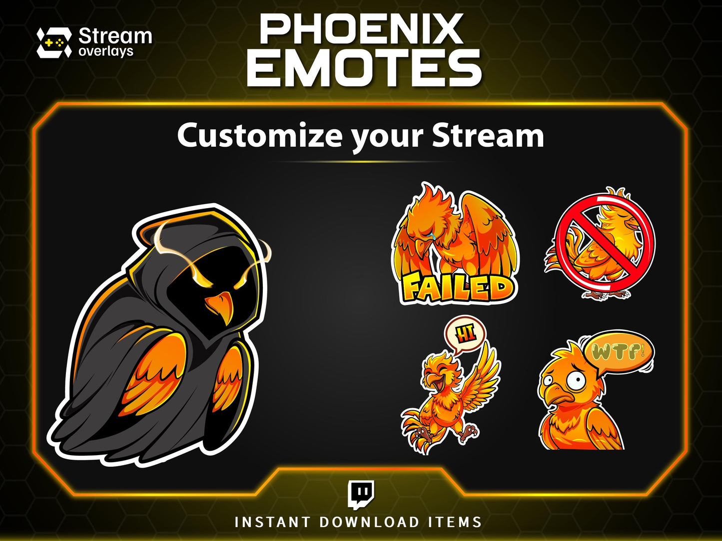 Majestic Phoenix Emotes & Stickers | Fiery Bird Orange Flame | Majestic Glory Phoenix Twitch Emotes for Streamers on Twitch and Discord