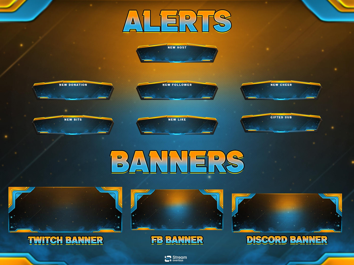 Animated Twitch Overlay Pack | Blue Gold Stream Overlays | Modern Gaming Screens, Starting Soon BRB Alerts, Streaming Panels, Stream Package