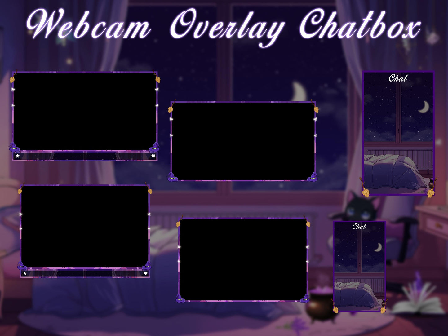 Fantasy Spooky Twitch Overlay Pack | Cozy Night Bedroom Stream Package | Mystical Night Stream Overlays, Magical Kawii Stream package Witch