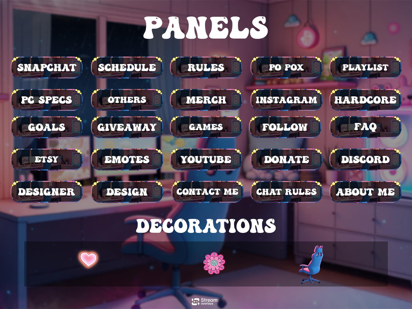 Cute Kawaii Gaming Room Stream Overlay | Cozy Lofi Gamer Girl Twitch Package | Pink & Blue Dreamy Room Setup, Animated Screens Alerts Panels