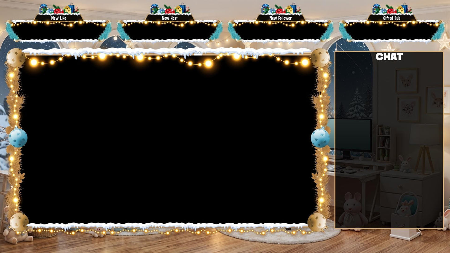 Christmas Kawaii Gaming Room Twitch Overlays Pack | Snow Fireplace | Christmas Tree Holiday Live Stream | Gift for Gamer | Game Room Decor