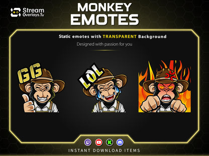 Cowboy Monkey Emotes, Farmer Chimp Emojis, Explorer Chimp Emote Pack, Gamer Ape Stickers,  Zoo Monkey Streamer, Twitch, Discord, Kick