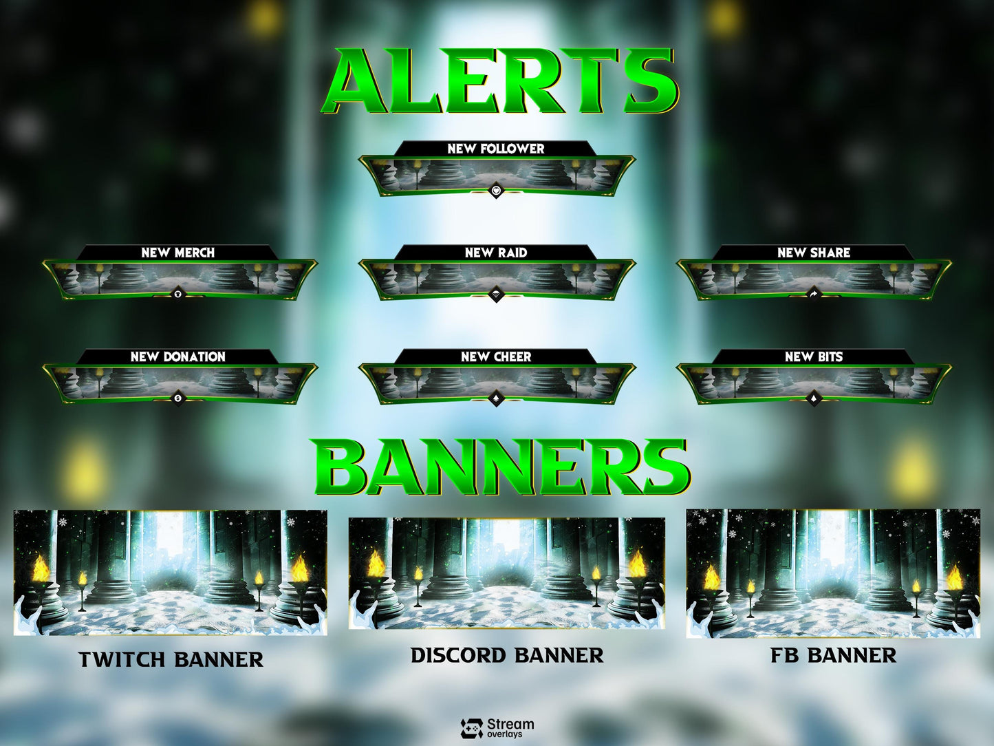 Winter Castle Stream Overlay, Mystic Temple Twitch Overlay| Green Fantasy Ruins Screens | Magic Throne Starting Soon, Alerts Panels OBS Kick