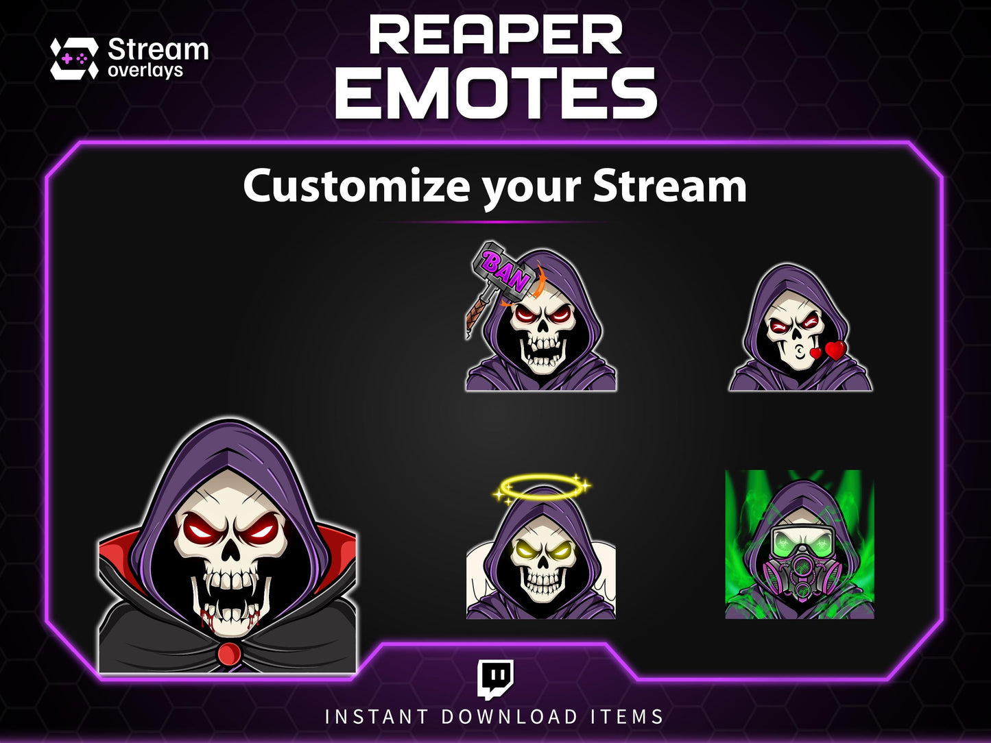 Reaper Twitch Emotes Pack | Grim Reaper Skull Emotes | Dark Gaming Stream Emotes | Twitch & Discord Emotes PNG