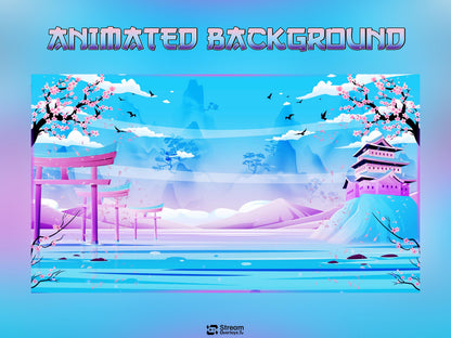 Japanese Kawaii Twitch Overlay | Sakura Cherry Blossom Stream Overlays | Cozy Mountain Lake OBS Bundle | Pastel Sky Screens, Panels, Webcam