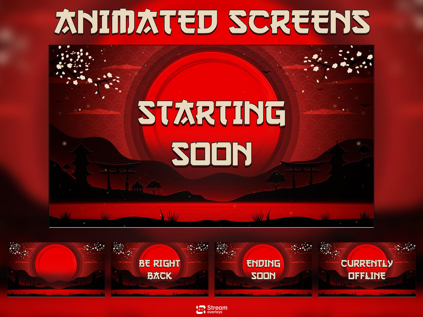 Samurai Stream Overlay Pack | Japanese Stream Package | Streaming Twitch | Stream Scenes | Red Moon Gaming | Panels | Alerts | Screens,OBS