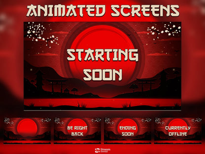 Samurai Stream Overlay Pack | Japanese Stream Package | Streaming Twitch | Stream Scenes | Red Moon Gaming | Panels | Alerts | Screens,OBS
