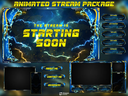 Energy Twitch Overlay | Lightning Streaming Pack | Electric Animated Scenes, Blue Yellow Power Streams, Twitch Alerts, Starting Soon, Panels
