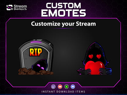 Purple Neon Hacker Twitch Emotes | Grim Reaper Emoji Pack for Streamers | Cute Reaper Twitch Emotes | Kawaii Grim Reaper Emote Pack