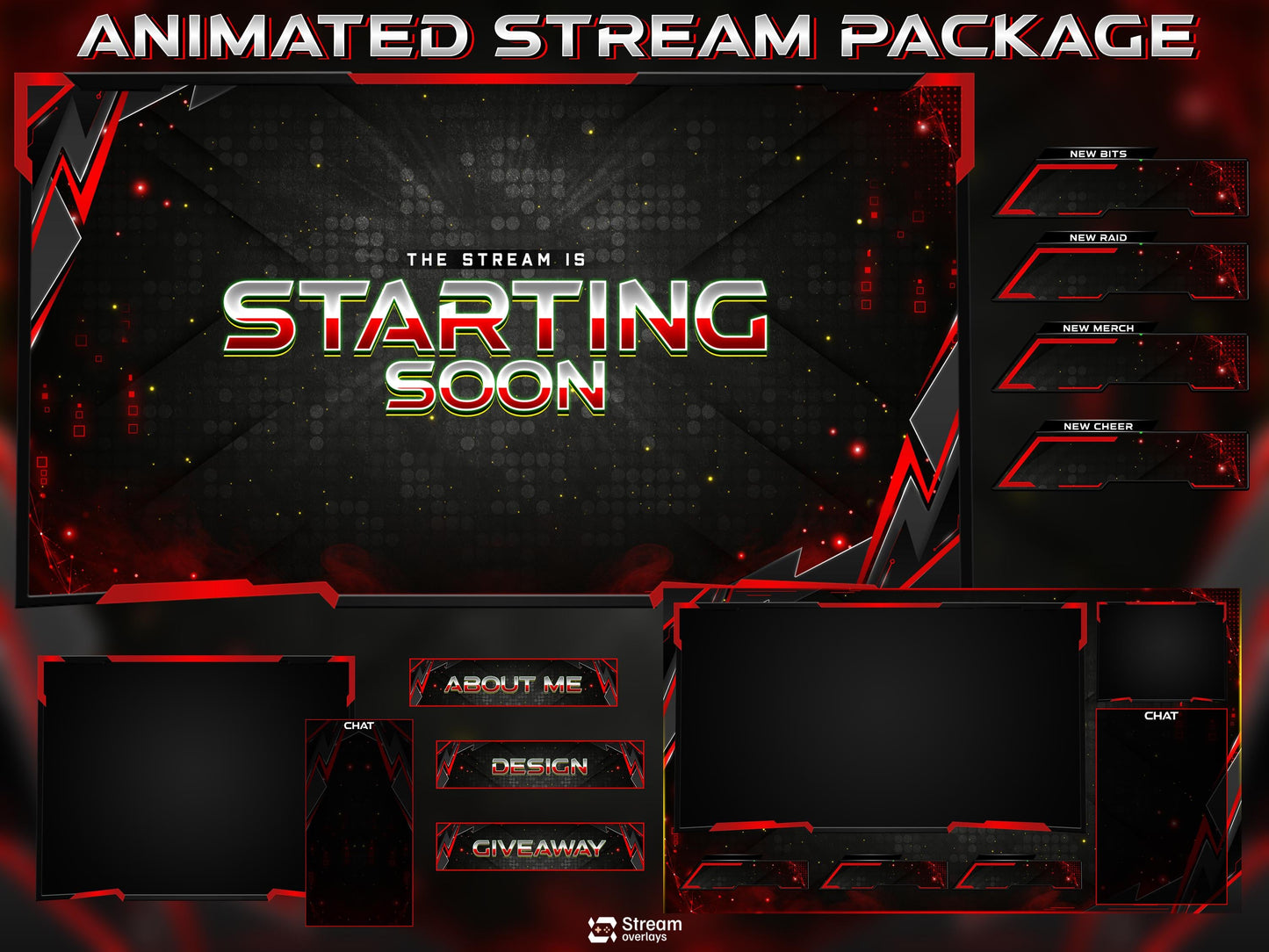 Tech Twitch Overlay | Modern Red Streaming Pack | Animated Stream Package | Streams Scenes | Gaming Panels | Stream Alerts | Gaming Overlay