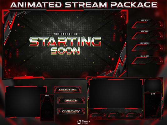Tech Twitch Overlay | Modern Red Streaming Pack | Animated Stream Package | Streams Scenes | Gaming Panels | Stream Alerts | Gaming Overlay