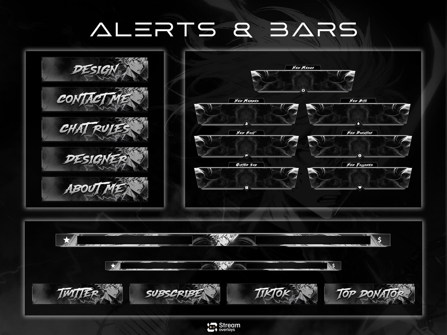 Anime Twitch Overlay Pack | Dark Monochrome Stream Screens | Lightning Anime Theme | Starting Soon BRB Ending & Alerts