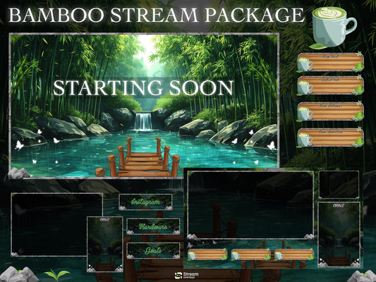 Bamboo Streaming Pack | Animated Twitch Overlay | Nature Stream Package | Forest Waterfall Screens | Alerts | Panels | Gaming Overlays | OBS