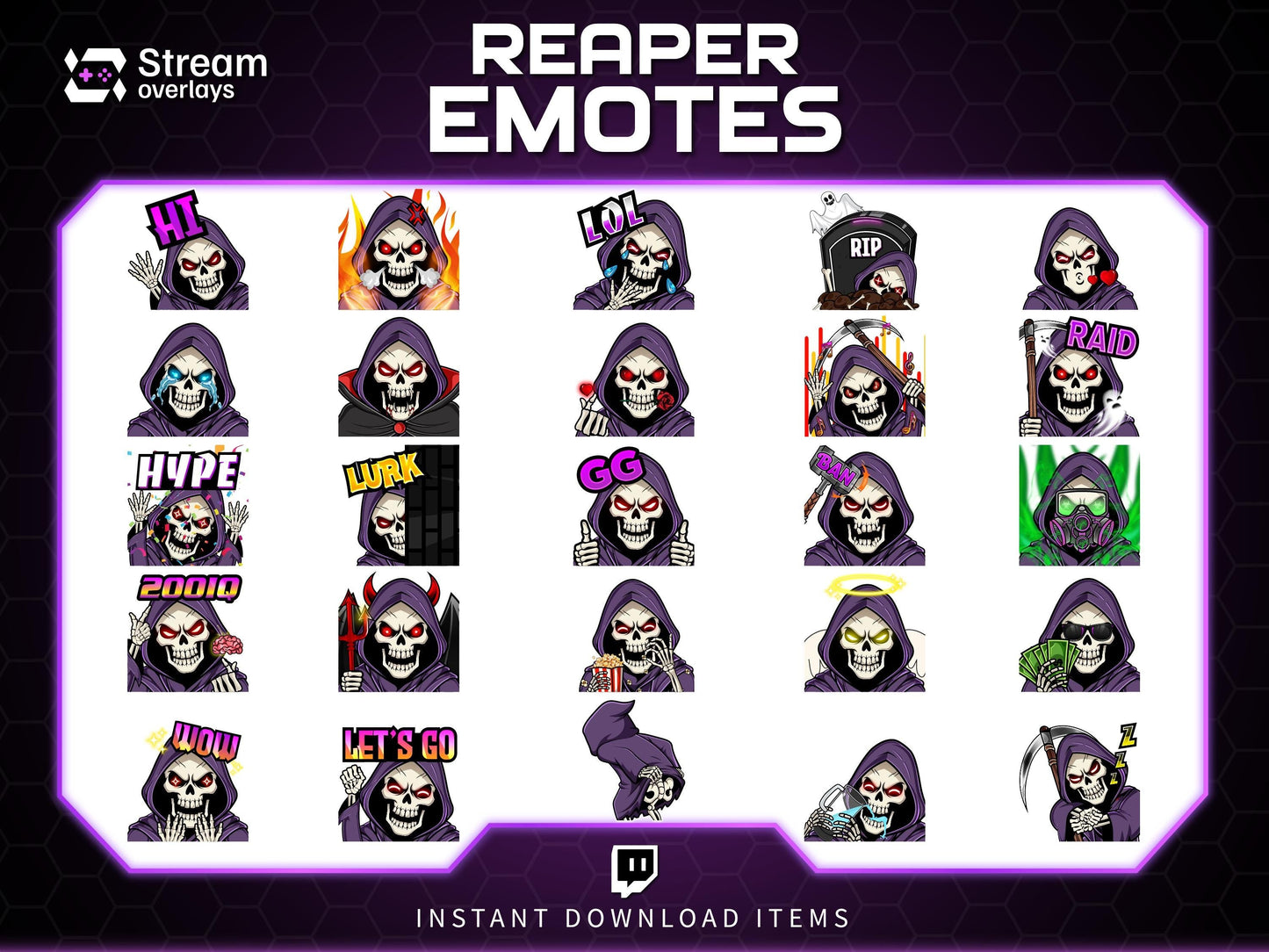 Reaper Twitch Emotes Pack | Grim Reaper Skull Emotes | Dark Gaming Stream Emotes | Twitch & Discord Emotes PNG