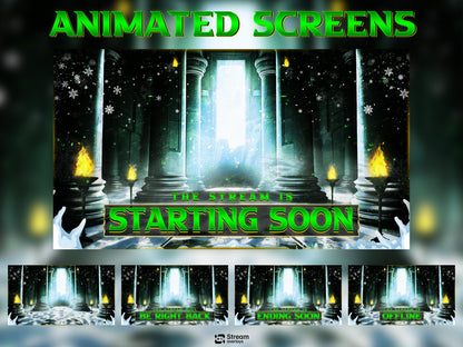 Winter Castle Stream Overlay, Mystic Temple Twitch Overlay| Green Fantasy Ruins Screens | Magic Throne Starting Soon, Alerts Panels OBS Kick