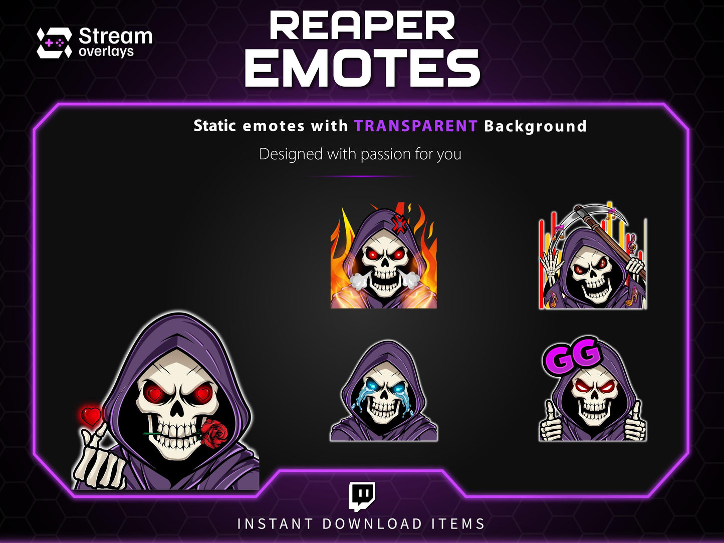 Reaper Twitch Emotes Pack | Grim Reaper Skull Emotes | Dark Gaming Stream Emotes | Twitch & Discord Emotes PNG