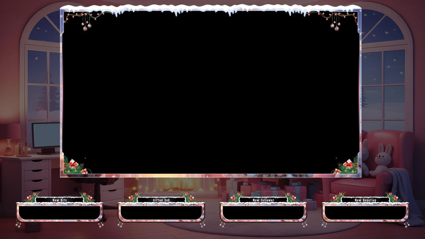 Christmas Pink Gaming Room Overlays Pack | Snowy Theme Xmas Tree Dream Bundle | Gift for Streamers | Winter Stream Decor Twitch | Gamer Desk