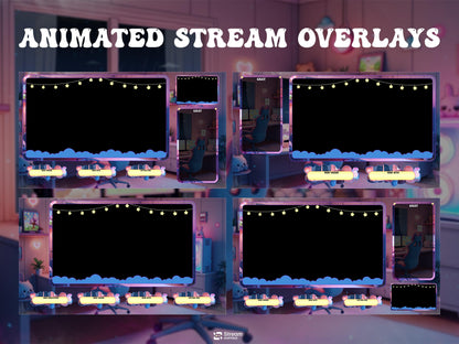 Cute Kawaii Gaming Room Stream Overlay | Cozy Lofi Gamer Girl Twitch Package | Pink & Blue Dreamy Room Setup, Animated Screens Alerts Panels