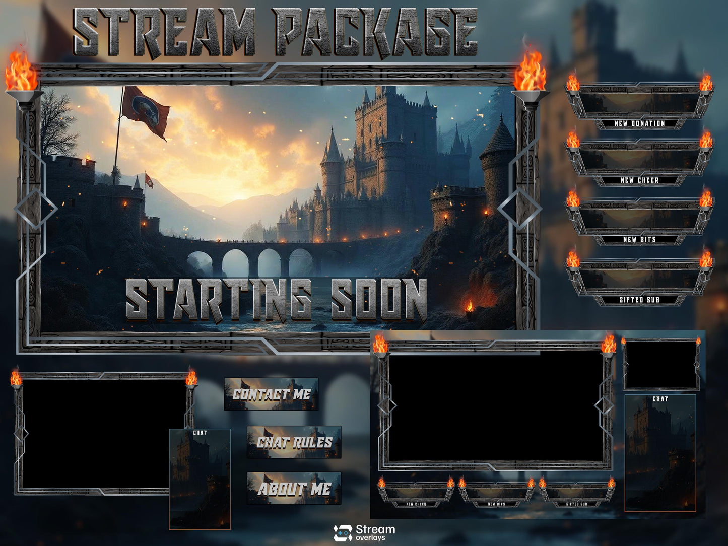 Medieval Castle Stream Overlay Pack | Dark Fantasy Theme | Ancient Twitch Overlay | Epic War | Throne Game | Vikings | Iron flame Screens
