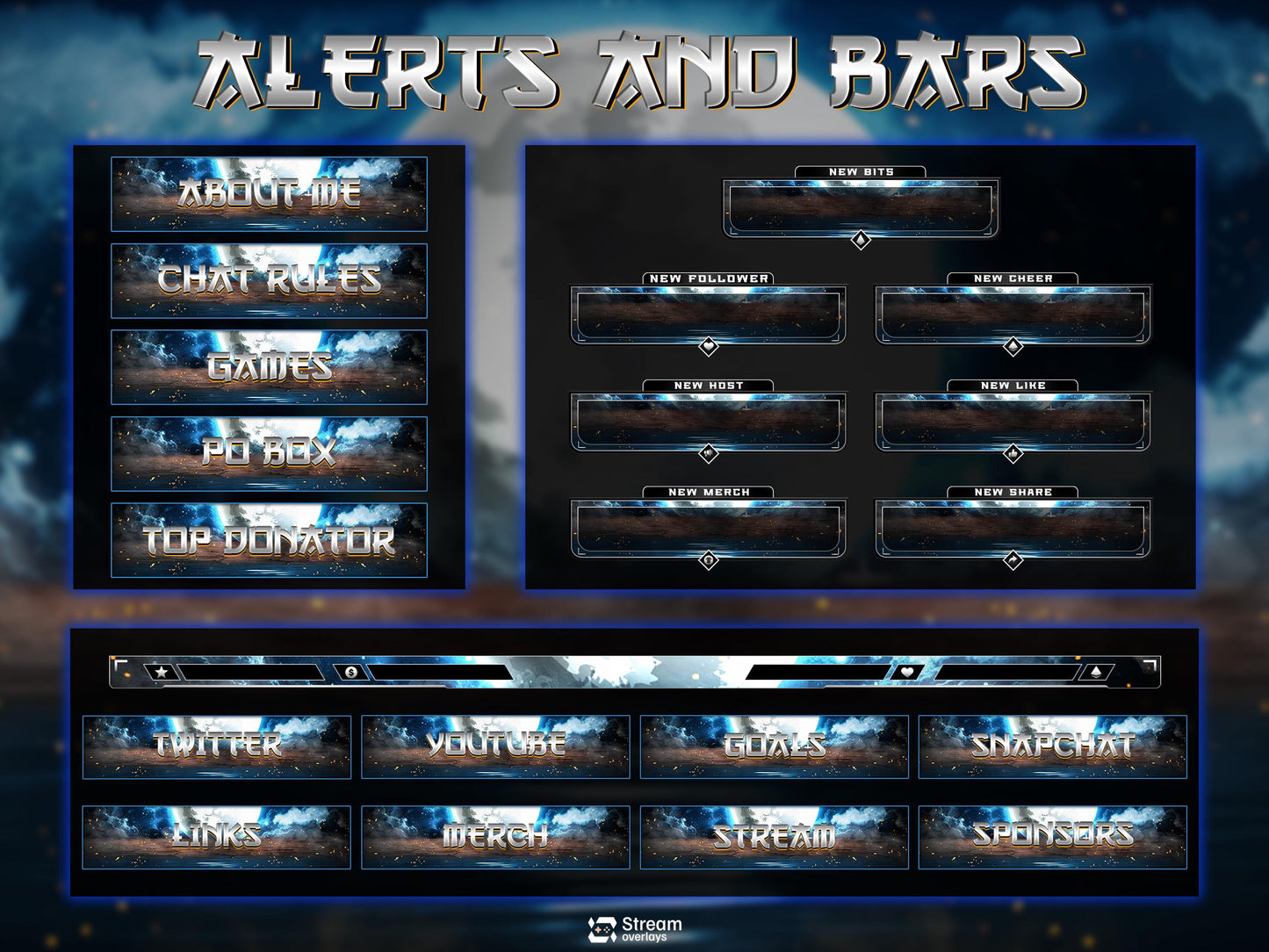 Blue Moon Stream Overlay Package | Midnight Lunar Twitch Overlay | OBS Overlay, Dark Blue Starting Soon, Twitch Panels, Stream Layout Assets