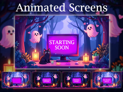 Cute Jungle Ghost Stream Overlays Pack | Animated Cat Wizard Magic Forest Twitch Overlay, Cute Trees Theme OBS Stream Package, Panels