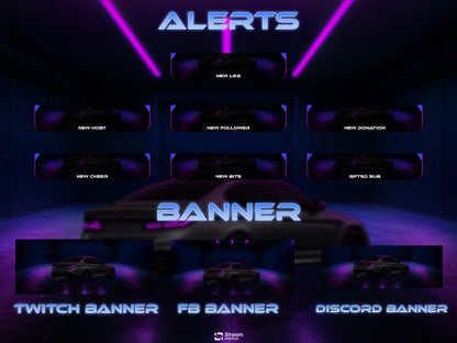 Car Twitch Overlay Pack | Animated Racing Stream | Neon Streaming scenes | Purple Screen Animation | Streams Alerts | Panels, Streamlabs,OBS