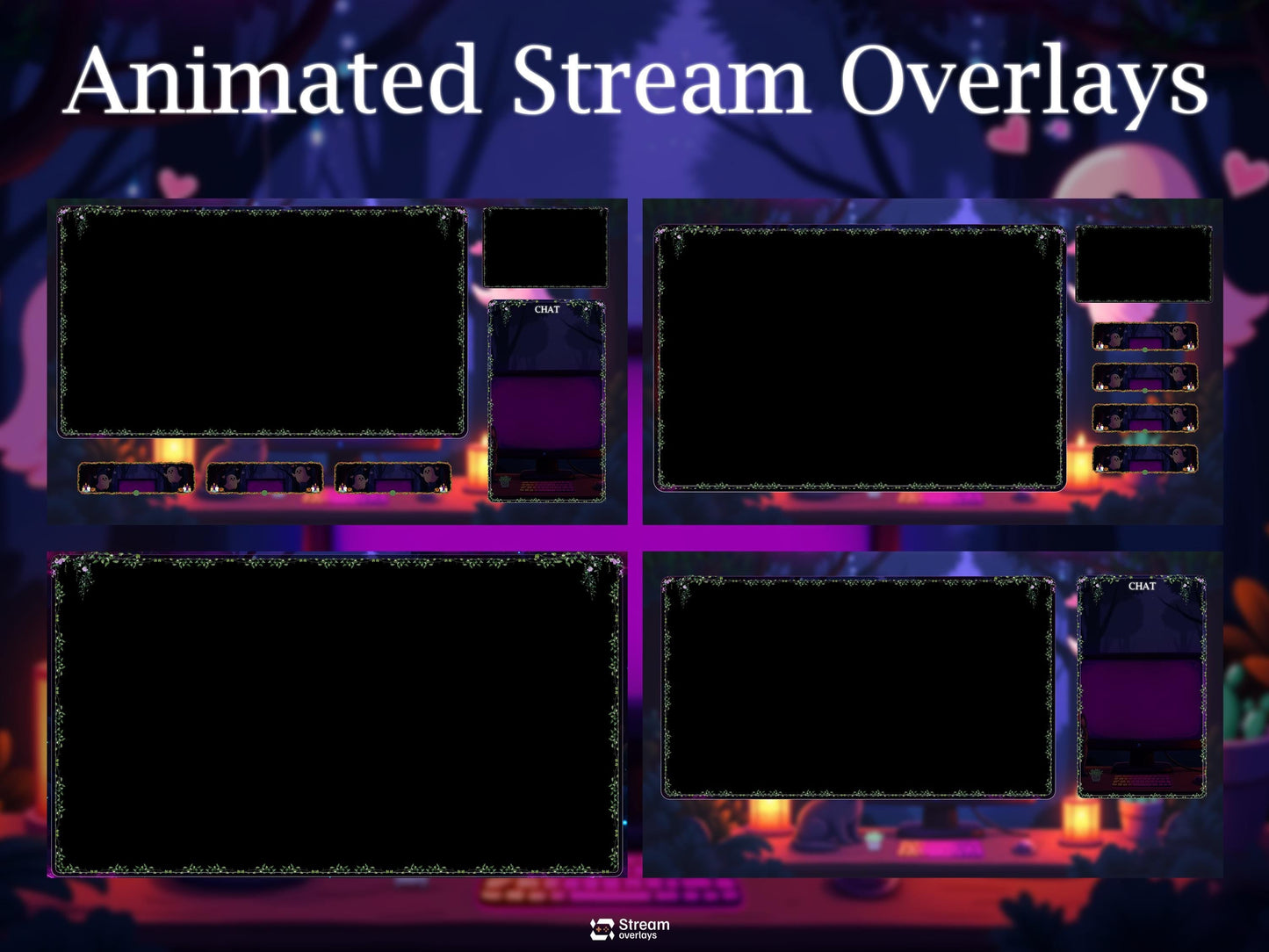 Cute Jungle Ghost Stream Overlays Pack | Animated Cat Wizard Magic Forest Twitch Overlay, Cute Trees Theme OBS Stream Package, Panels