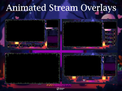 Cute Jungle Ghost Stream Overlays Pack | Animated Cat Wizard Magic Forest Twitch Overlay, Cute Trees Theme OBS Stream Package, Panels