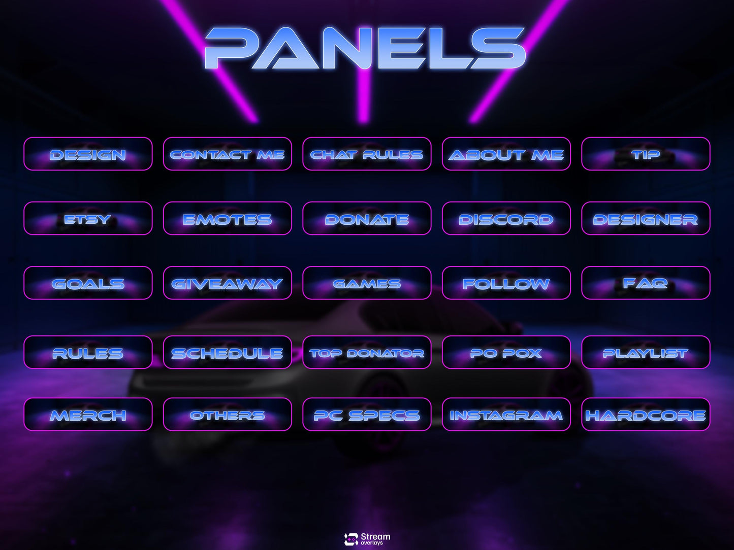 Car Twitch Overlay Pack | Animated Racing Stream | Neon Streaming scenes | Purple Screen Animation | Streams Alerts | Panels, Streamlabs,OBS