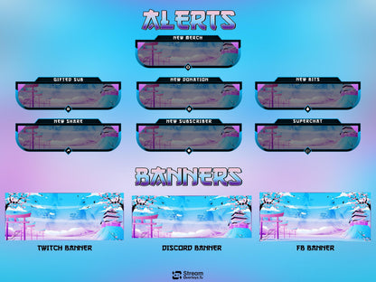 Japanese Kawaii Twitch Overlay | Sakura Cherry Blossom Stream Overlays | Cozy Mountain Lake OBS Bundle | Pastel Sky Screens, Panels, Webcam
