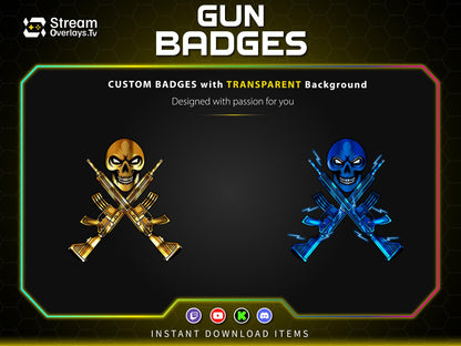 Gun Sub Badges for Twitch | Skull Rifle Gaming Badges | Gaming Gun Loyalty Badge,  Streamer Loyalty Subscriber for Twitch, Discord, YouTube