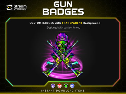 Gun Sub Badges for Twitch | Skull Rifle Gaming Badges | Gaming Gun Loyalty Badge,  Streamer Loyalty Subscriber for Twitch, Discord, YouTube