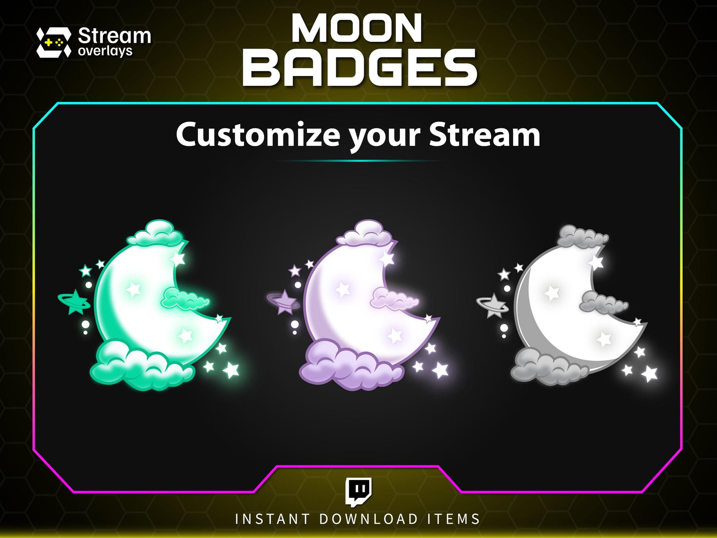 Moon Twitch Sub Badges, Kawaii Celestial Cloud Stream Badges (Digital Download)