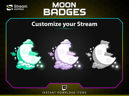 Moon Twitch Sub Badges, Kawaii Celestial Cloud Stream Badges (Digital Download)