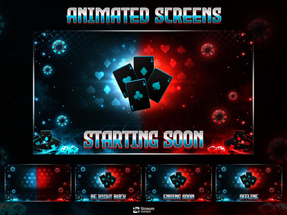 Poker Cards Stream Overlay Pack | Kick Stream | Card Game | Red Blue Neon Gambling Theme | Twitch Assets | Casino Overlay Dice Gaming
