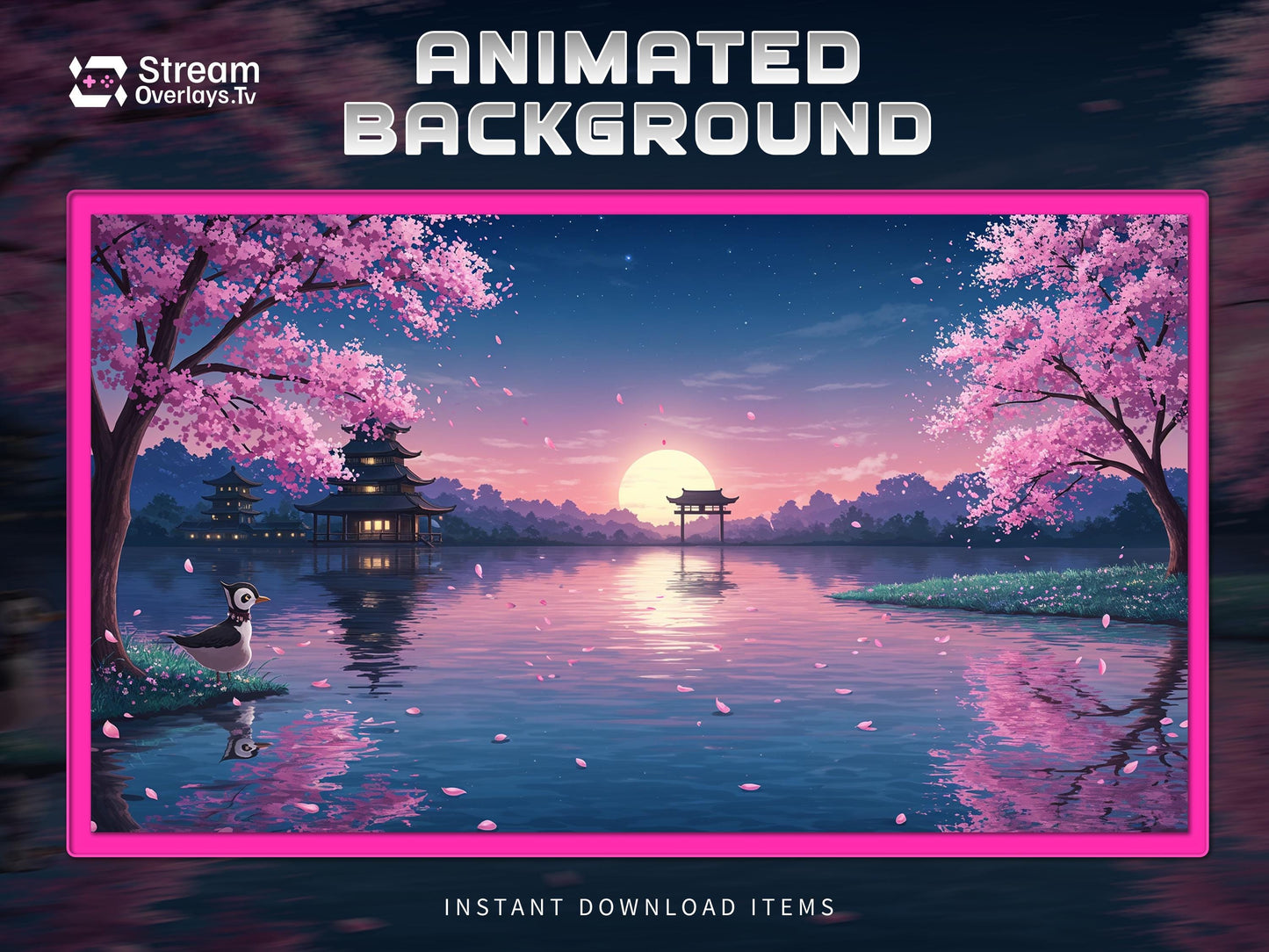 Sakura Lake Sunset Background | Japanese Cherry Blossom Anime Scene | Magna Stream Overlay | VTuber Background | Cozy kawaii Stream Loop