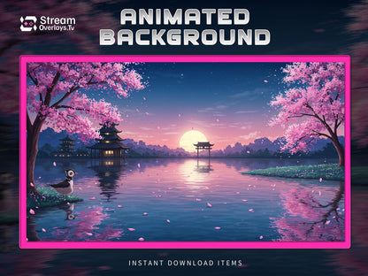 Sakura Lake Sunset Background | Japanese Cherry Blossom Anime Scene | Magna Stream Overlay | VTuber Background | Cozy kawaii Stream Loop