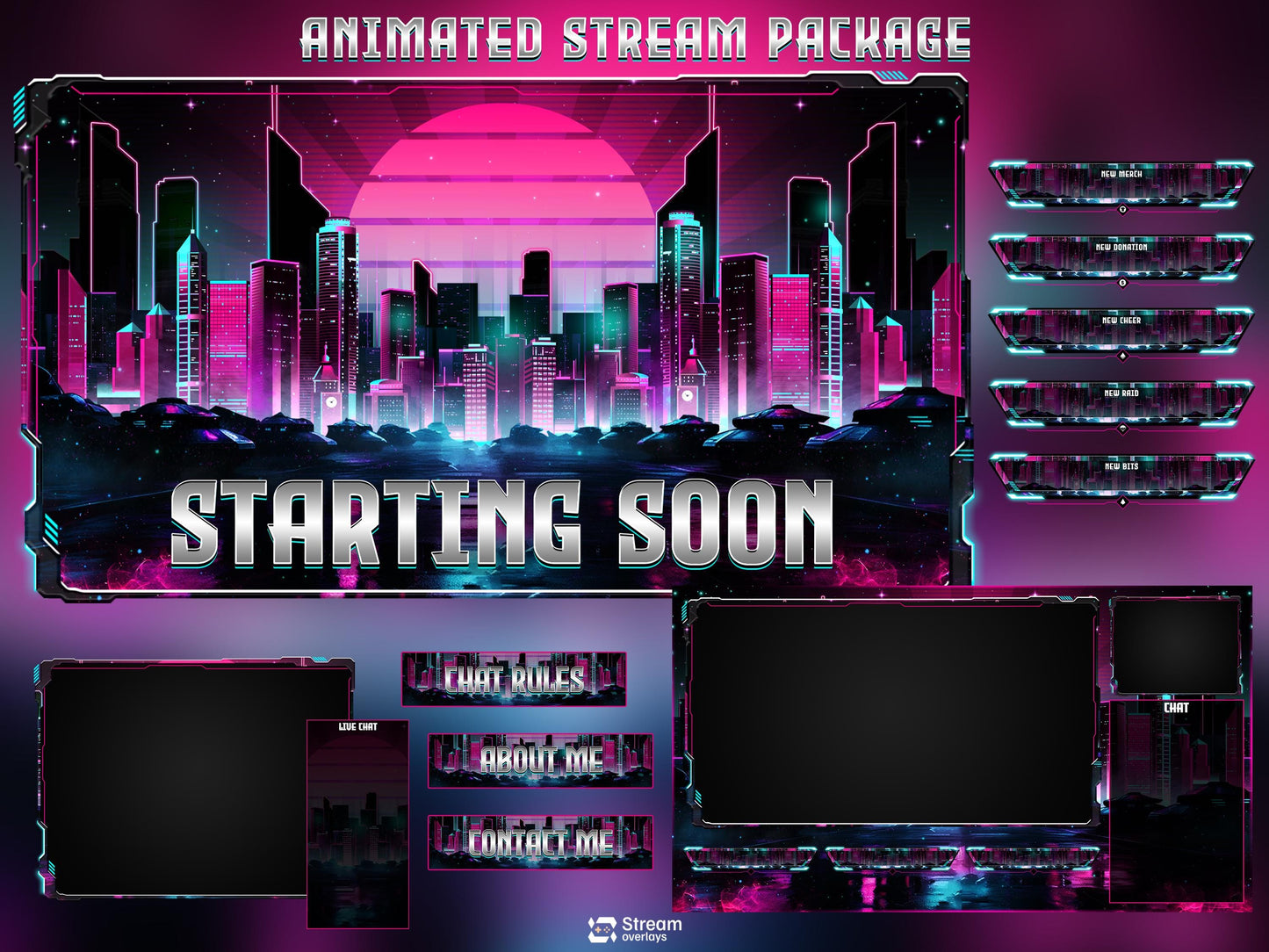 Neon Cyberpunk Stream Pack | Animated Twitch Overlay | Retro Synthwave City | Streaming Scenes | Gaming Overlay | Panels | Alerts | Screens