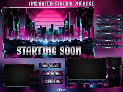 Neon Cyberpunk Stream Pack | Animated Twitch Overlay | Retro Synthwave City | Streaming Scenes | Gaming Overlay | Panels | Alerts | Screens