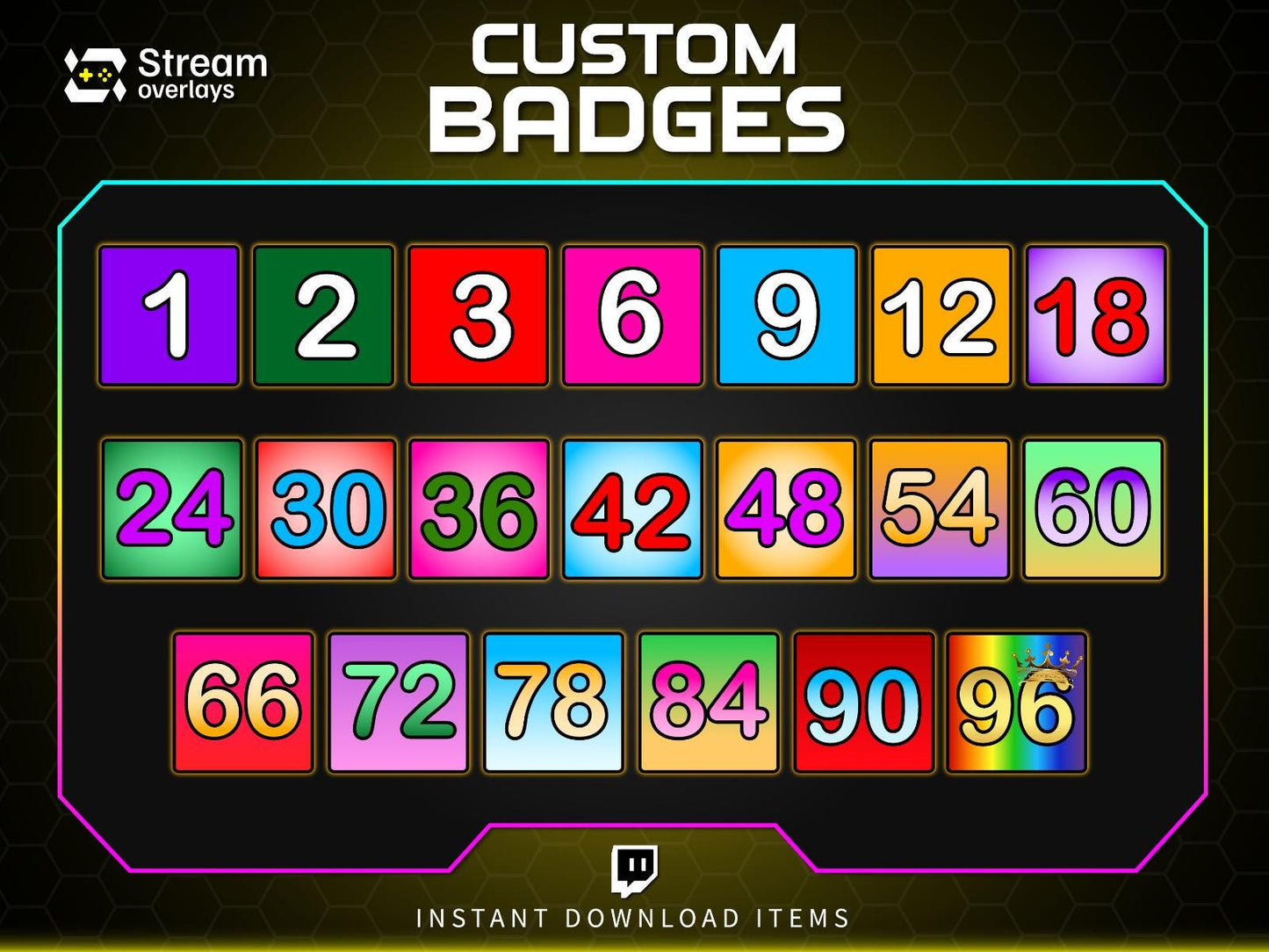 Twitch Subscriber Badges Set | Bright Numbered Sub Badges 1–96 | Colorful Square Sub Badge Pack | Streamer Loyalty Multi-Month Subscriptions