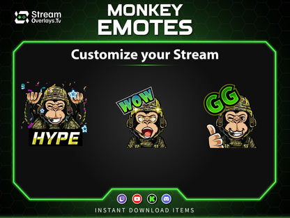 Soldier Monkey Emotes, Farmer Chimp Emojis,military Chimp Emote Pack, Gamer Ape Stickers,  Zoo Monkey Streamer, Twitch, Discord, Kick
