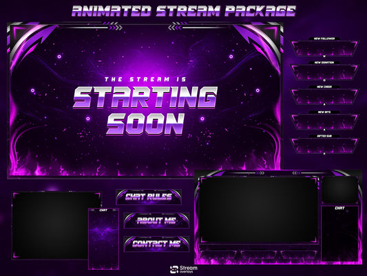 Purple Neon Twitch Overlay | Cosmic Streaming Pack | Galaxy Animated Scenes | Stream Package | Twitch Alerts | Starting Soon, Kick Screens