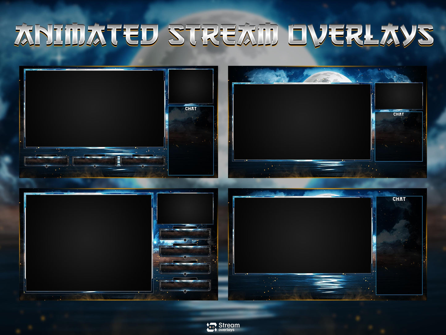 Blue Moon Stream Overlay Package | Midnight Lunar Twitch Overlay | OBS Overlay, Dark Blue Starting Soon, Twitch Panels, Stream Layout Assets