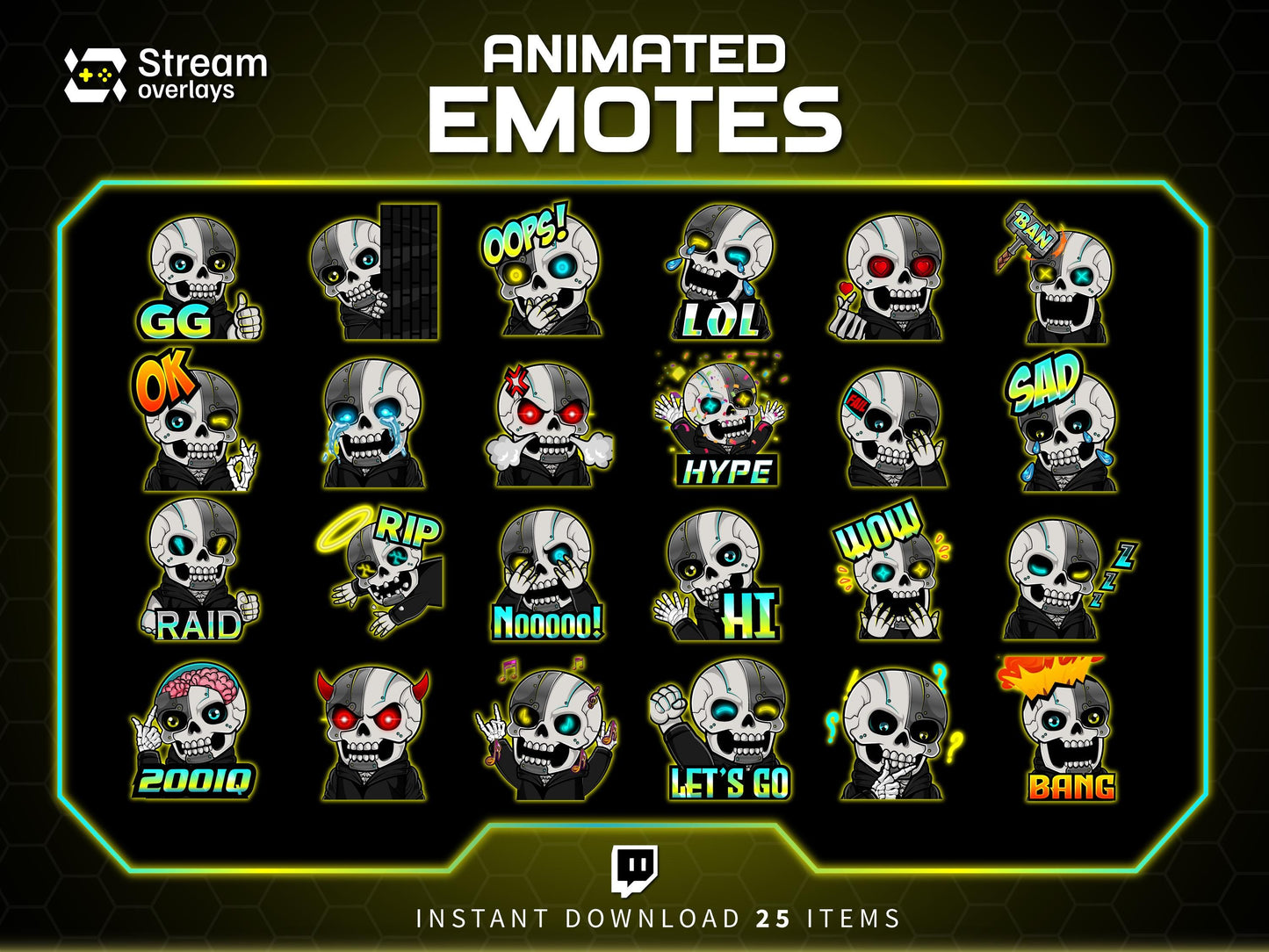 25x Cyborg & Skull Emotes | Animated + Static Twitch Emotes | Futuristic Twitch Emotes | Twitch Sub Emotes | Tiktok Emotes | Discord Emojis