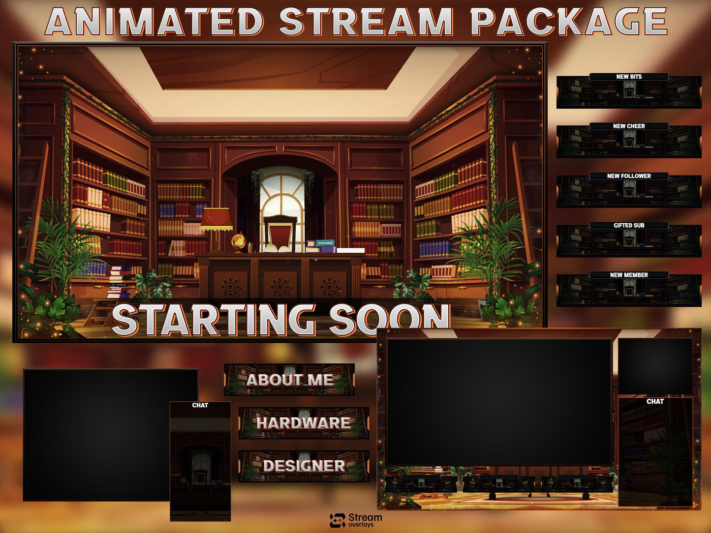 Library Stream Overlay | Study Room Twitch Overlays | Books Screaming | Vintage President Streaming Overlays | Starting Soon, Books Panels