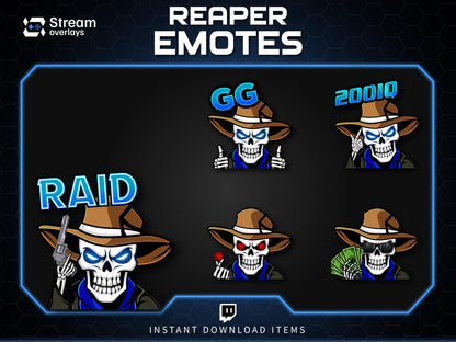 Cowboy Reaper Twitch Emotes Pack | Western Skeleton Skull Emotes for Discord, Kick, Youtube | Dark Gaming Emoji | Grim Reaper Streamer Pack