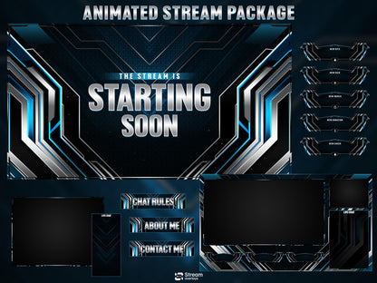 Blue Twitch Overlay Animated Pack | Modern Tech Gaming Overlays | Esports Streaming Package | Futuristic Stream Package | OBS & Streamlabs
